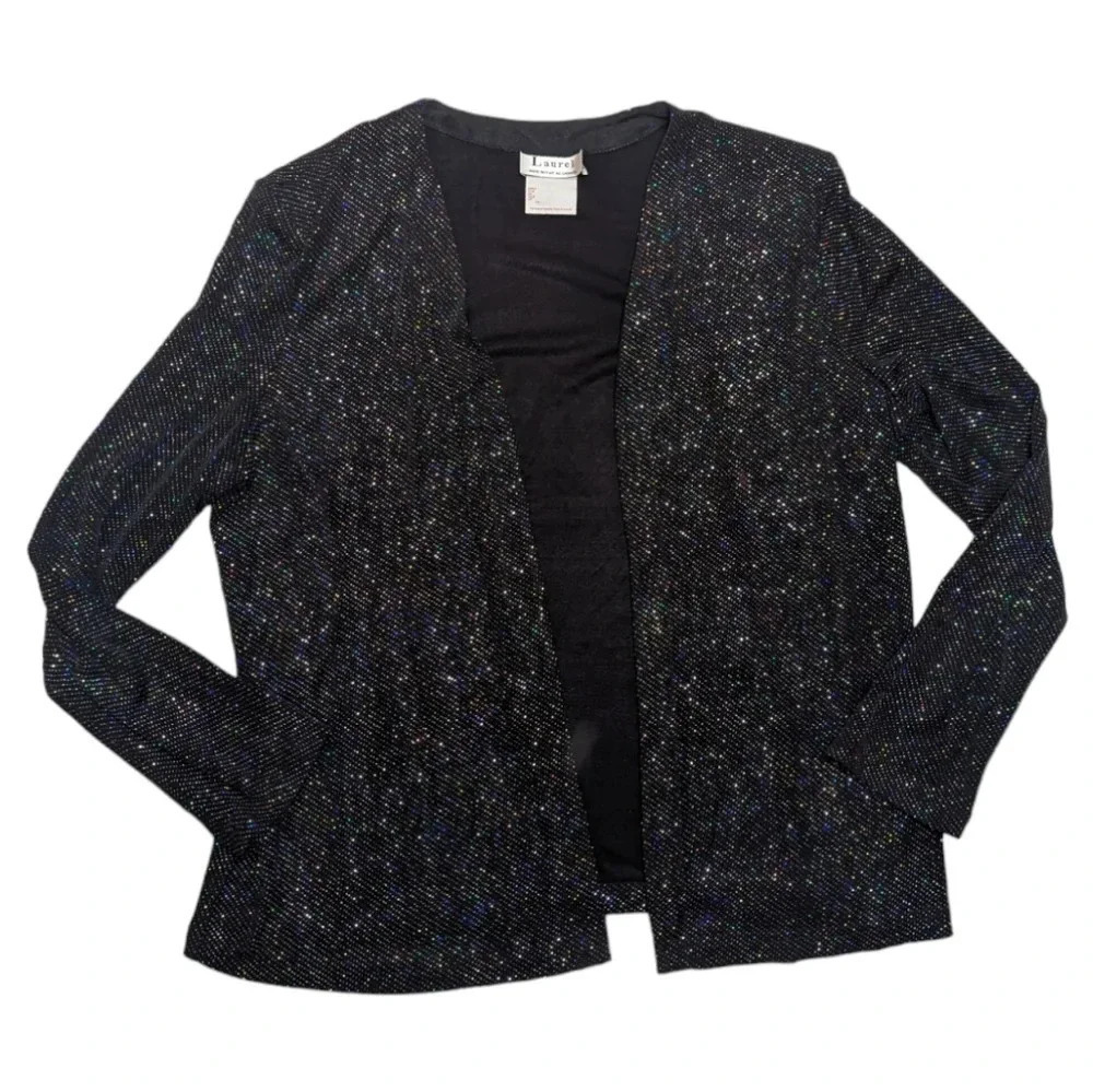 Vintage Celestial Glitter Sparkle Long Sleeve Open Front Black Cardigan Woman 14